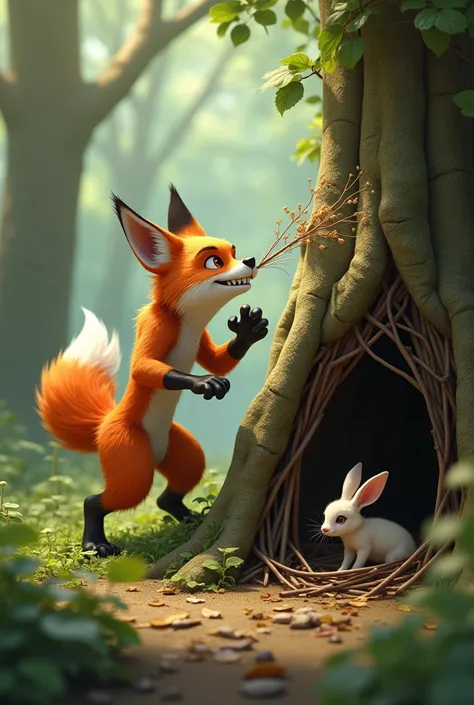 The fox blows and blows and knocks down the rabbits burrow of sticks 