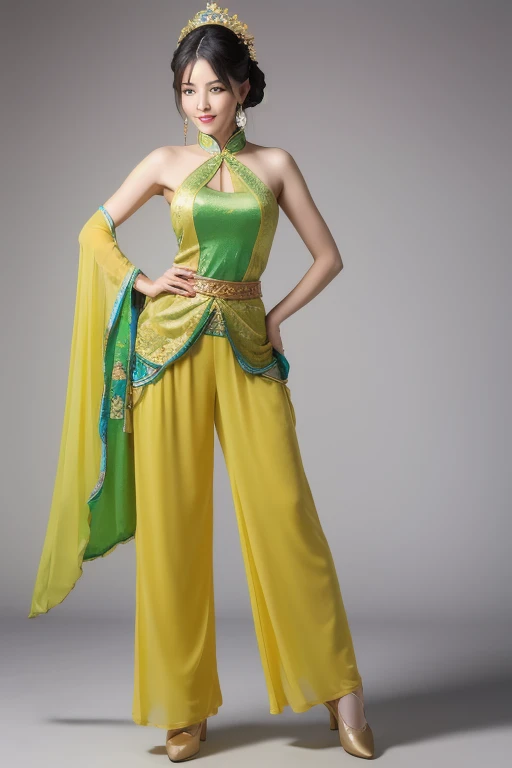 The woman is wearing an ancient dance costume, including a light green full-length halter top blouse, and yellow chiffon trousers on the bottom. She is an oriental beauty with a very Chinese style. The costume is very Song Dynasty style. She has her back t...