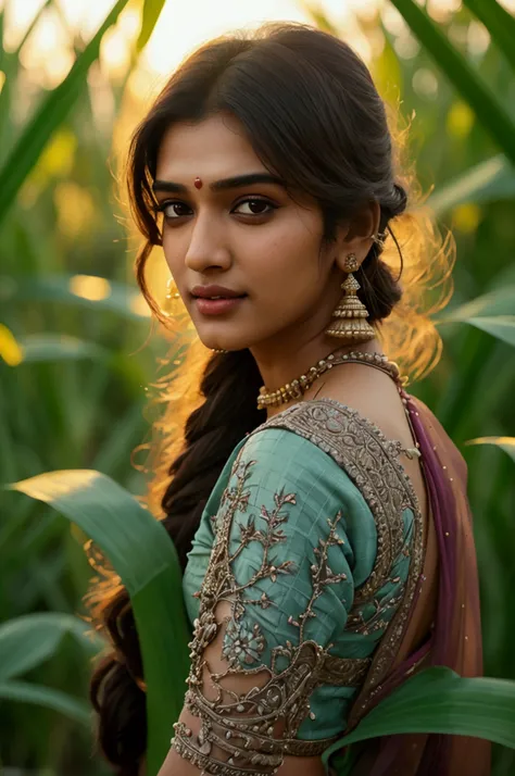 20 year old Tamil girl, Kriti Sanon, inside sugarcane field, evening sky, bossy sassy photoshoot, (wearing expensive sleeveless choli, long skirt), (intricate detailing of face eyes nose mouth full lips & body parts), textured skin, smile:0.6, eyes symmetr...