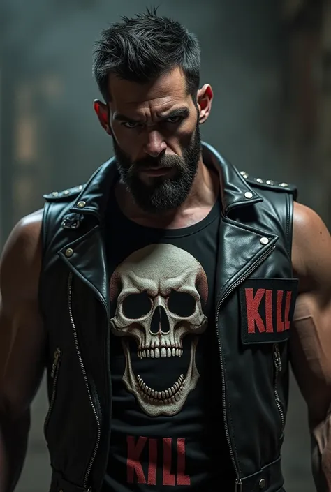  Man wearing skull-faced biker vest , Scary black biker style short hair ,  on the embroidered vest communication on the side and chest written kill