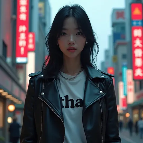 Sexy Korean Beautiful Girl Standing Alone,Wear a leather jacket,On the shirt it says tha2,In the back is a Japanese city.