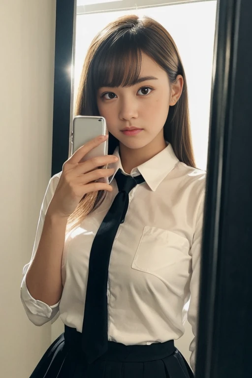 (((Take a photo of yourself in the mirror with your smartphone)))、((thighs thighs thighs thighs、large full breasts、face perfect、Look at your smartphone screen、Unbuttoned shirt))、(realistic、Photorealistic、 ultra-detailed、Highest Details Skins、top-quality、​m...