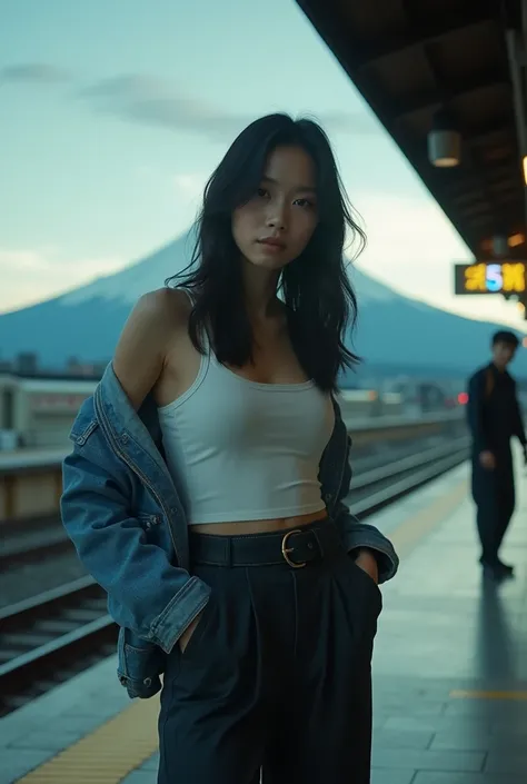 movie style, cold color palette ,A korea sweet lady, 25yes old, big breast Slim build ,wear tank and streetpunk Denim jacket and baggy trousers, A soulful gaze, striking a pose like an Instagram model. stand At a vintage Japanese train station platform, wi...