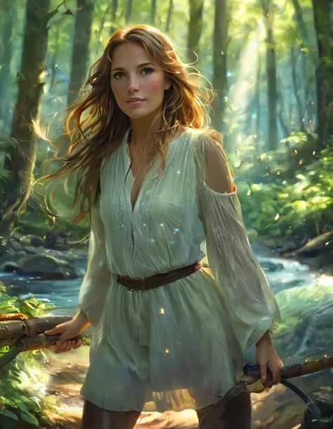 " illustration of a woman walking in a forest, with fireflies lighting their path ".