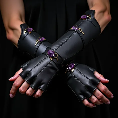 Black leather fingerless gauntlets ilaid with two rows of small amathyst crystals, one medium crystal ontop of the bakc of the hands. One hand crossed over top the orher