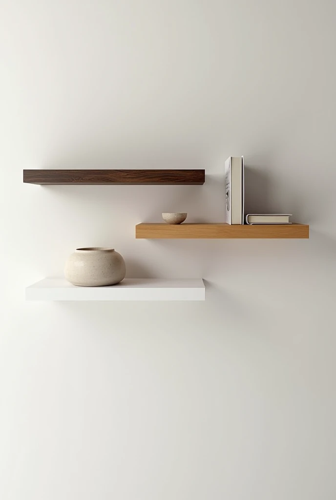  Make me 3 floating wooden shelves 17 cm deep ,  10 cm high and 70 cm long but each one in a different color,  one with light varnish, the other dark but not so much and the other color white that they are thicker that are minimalist those that you created...