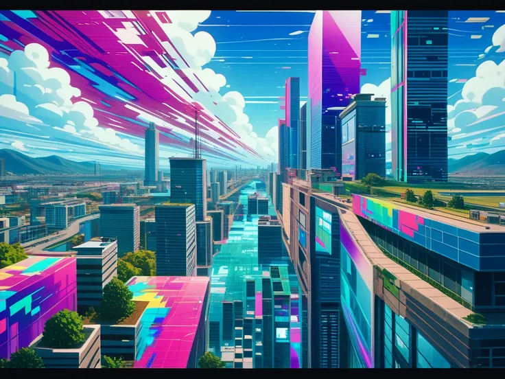 an urban landscape where cyberpunk neon elements emerge through traditional Japanese ukiyo-e style, with floating islands and glitch effects, (cubist:1.2), (glitch art:1.4), high quality, masterpiece, intricate details