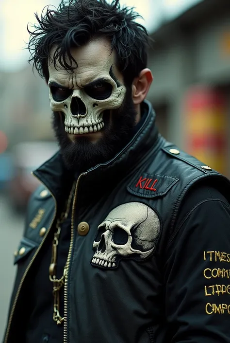  Man wearing skull-faced biker vest , short black frizzy biker style hair ,  on the chest a small embroidery written Kill and on the side of the vest an embroidery written Communication without any pendant hanging on the vest 