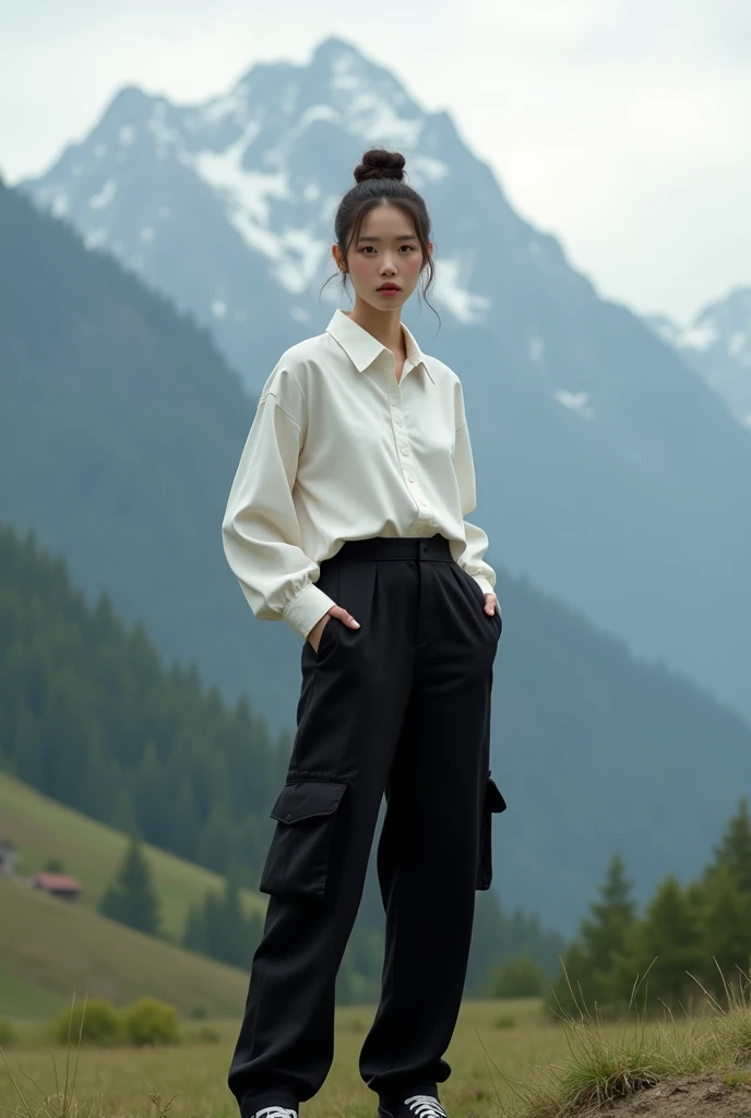 A beautiful Korean woman wears a boxy shirt 
Wearing black cargo pants 
Hair of black color in a bundle 
Wearing black and white shoes 
Again standing in the mountains 