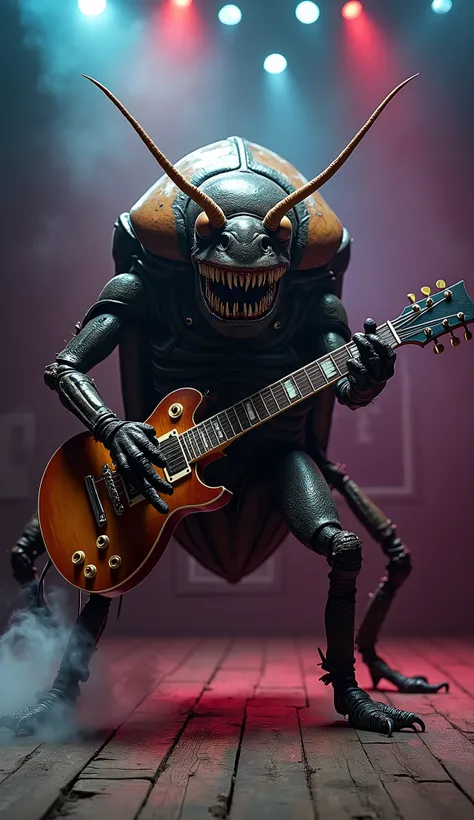 A Portrait of a huge monster cockroach (huge head with teeths highlighting, , huge brown eyes) is on wooden floor, standing in style and holding a big electric guitar (Double size of cockroach), placing the one side of guitar on ground, pressing the string...