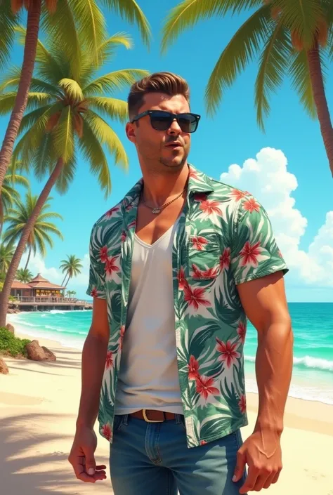 man ,  short hair, sunglasses,    on the beach ,  Hawaiian floral t-shirt, Waves and coconut trees ,  esrito Trips Surf  Shop.