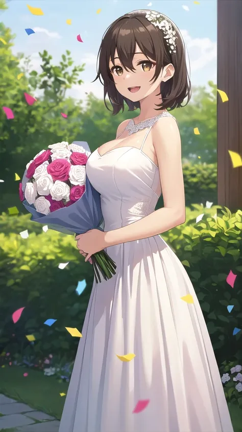 masterpiece, best quality, high quality, girl, solo, looking at viewer, mizuto_irido, brown eyes, brown hair, hair between eyes, large breasts, wedding Dress, standing, garden, confetti, holding bouquet, smile, open mouth,