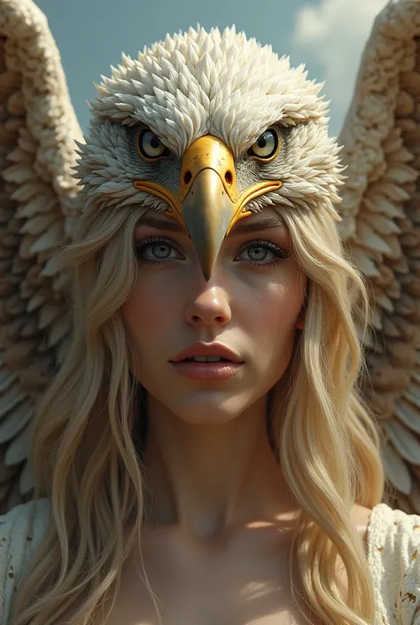 Blonde woman with the head of an eagle looking forward to Greek mythology