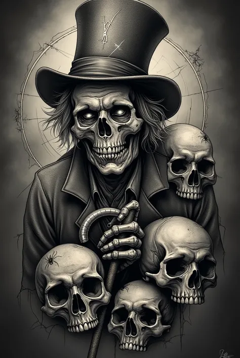 Tattoo design for old zombie hatter with skulls 
