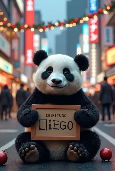 A panda sitting in Shibuya Tokyo with Christmas decorations and with a sign written by DIEGO BRAND