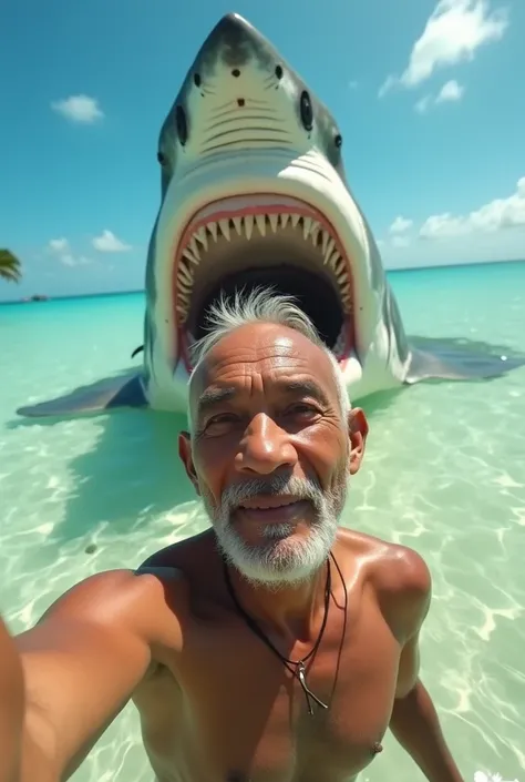 A 75-year-old unattractive Indonesian Man, youtuber, influencer is taking a selfie in the water on the beach while behind him you can see a big shark smiling with its mouth open. hugging from behind. Sharp 4k image. uhd. reflection. shadow