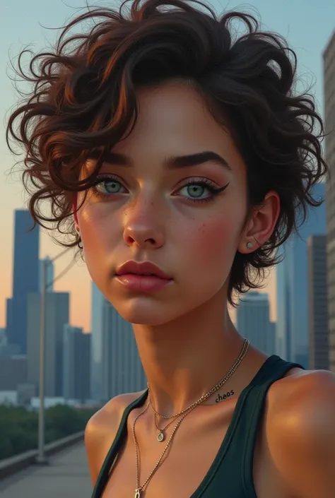  Close-up realistic oil painting of a young womans face. 
has short hair, brown and curly.
Her eyes are light blue . He has light skin, thick eyebrows.
The word CHAOS is tattooed on her neck with small letters . 
wear sportswear.
Chicago city background . ...