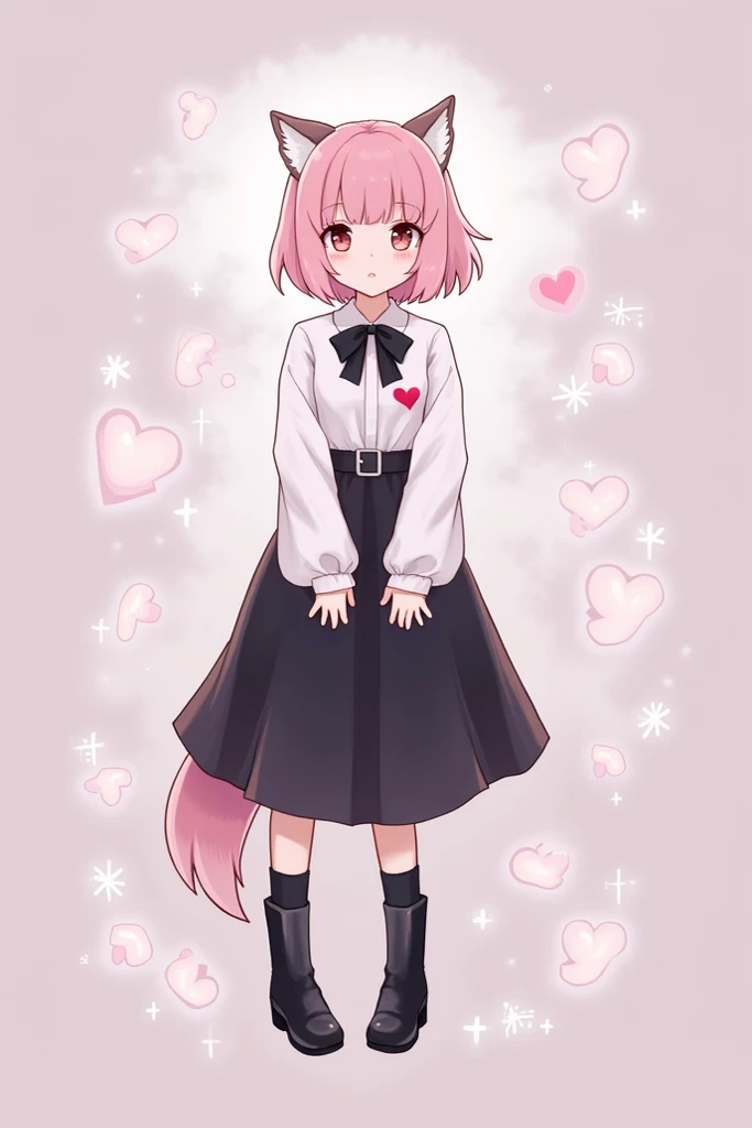  Pastel pink haired girl short with bangs wolfs ears and wolfs tail long sleeve white blouse with black bow and black skirt long black boots heart-shaped patch