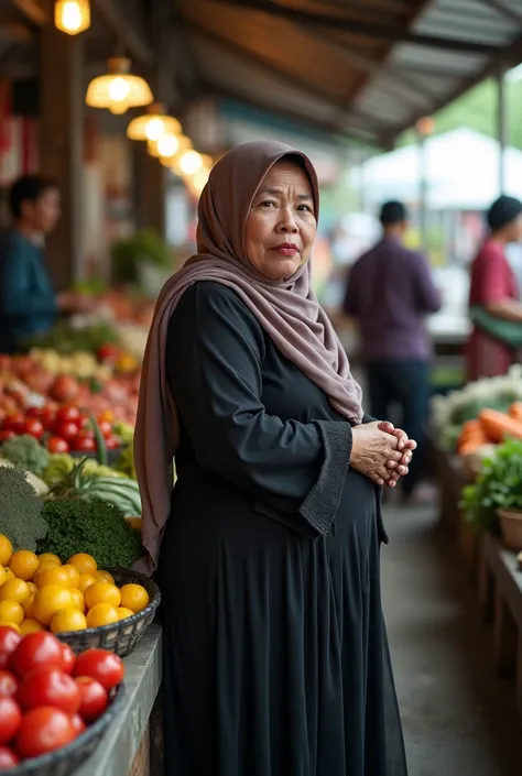 A 40 year old mother wearing a hijab, from Indonesia wearing a long transparent black skirt covering her entire body ((transparent bra and underwear line)), is selling raw vegetables at the market, posing standing while serving customers. Wide rosy red lip...