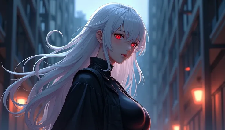  I want a 4K anime-style image of a protagonist showing half his body and having red eyes and white hair wearing a black jacket that he has a touch that looks like a God the theme of the background image is an evening theme with a dark style