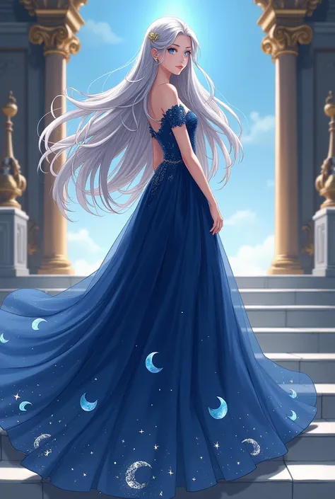  20-year-old princess , anime,  waist-length hair , thick hair, silver hair ,  curly hair ,  pearly blue eyes , tes morena,  wearing a long princess-cut dress in midnight blue,  white and gold colors with details of moons and stars, going down the stairs o...