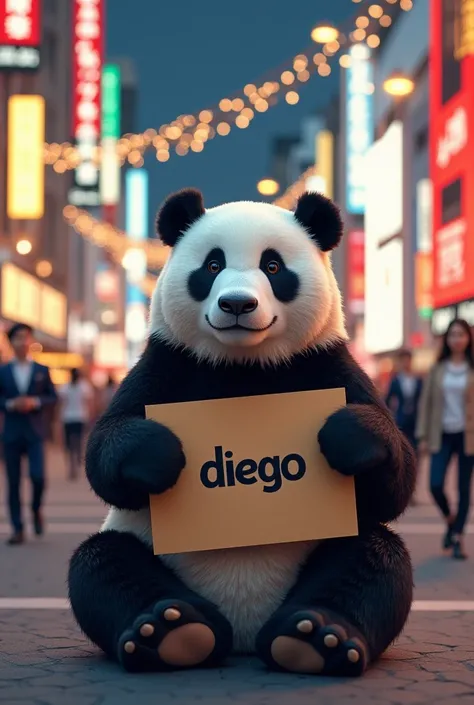 A panda sitting in Shibuya Tokyo with Christmas decorations and with a sign written by DIEGO BRAND