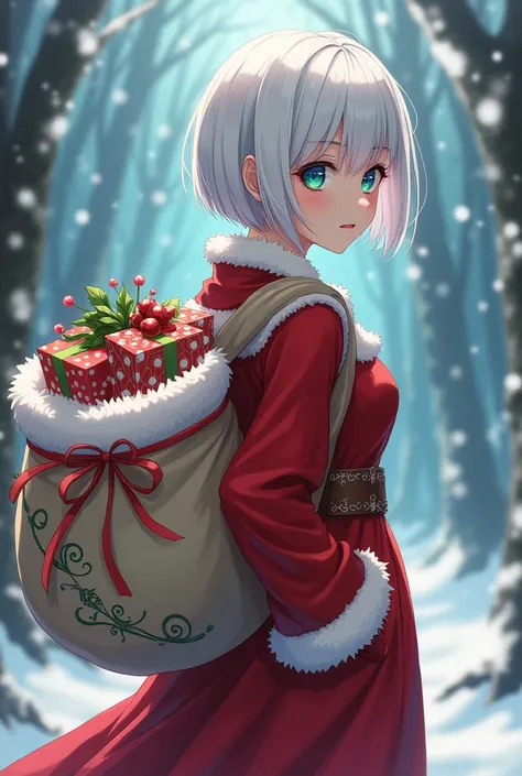  anime style, adult woman short white hair,  with a blue right eye and a green left eye, disguised as Mother Claus and on her back she carries a bag of colorful gifts 