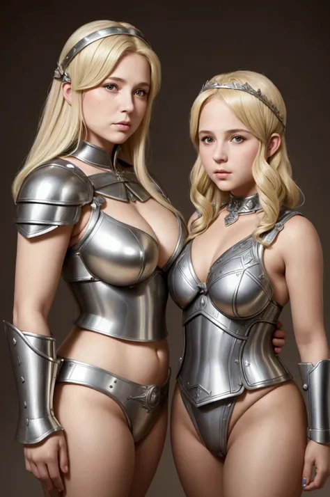 mother and daughter portrait break: mature woman, mother with wrinkles, roman warrior, queens blade , middle age, blonde, detailed face, curvy body, chubby, break: teen girl, age:13, roman warrior, princess blade , teenager girl, small breasts, mini croppe...