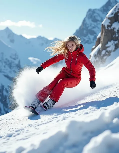 A blonde with long hair in a red jumpsuit is snowboarding down the mountain