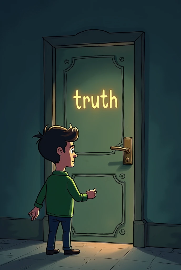 Cartoon of a man in a green shirt in front of a door with the word “truth” written. DARK COLORS