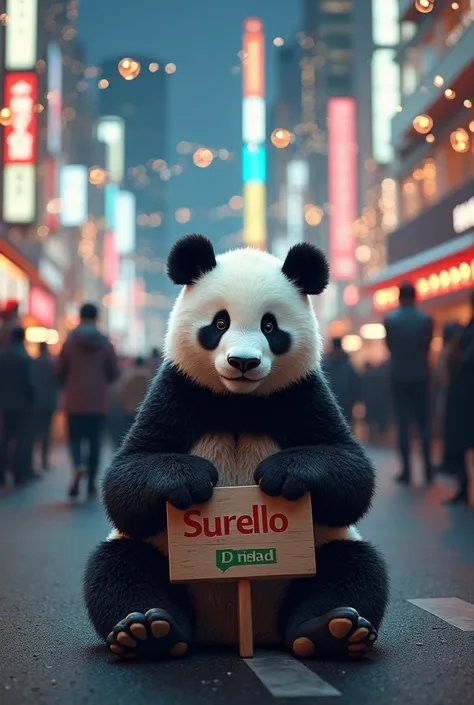 A panda sitting in Shibuya Tokyo with Christmas decorations and with a sign written with the name of DIEGO BRAND