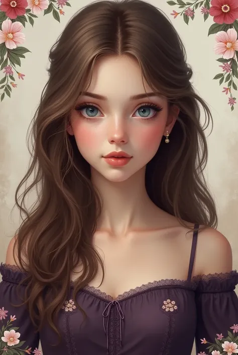  A beautiful young girl with fine European features long wavy brown hair, big and attractive blue eyes, dark purple dress with floral details on the border High resolution, May it be very beautiful 