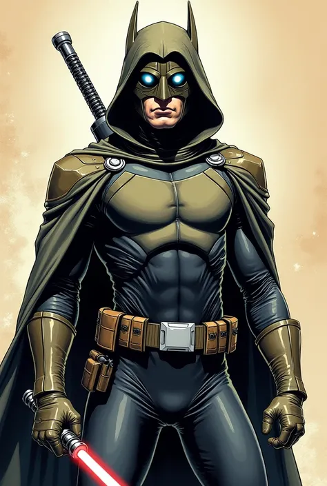 (Imaginary Painting:1.3) of (Graphic novel:1.3) of (Teen Titans:1.3), Officer, helmet with eye lenses, one piece suit, gauntlets, and hooded cloak with sleeves, carrying a lightsaber, (art by Simon Bisley:1.5) and (art by Frank Frazetta:1.4) , 