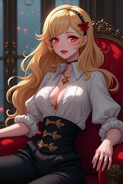 Sexy anime vampire lady. 
For her design, maybe have her in an old noblemans puffy shirt and pants with long golden hair,
Cartoon art