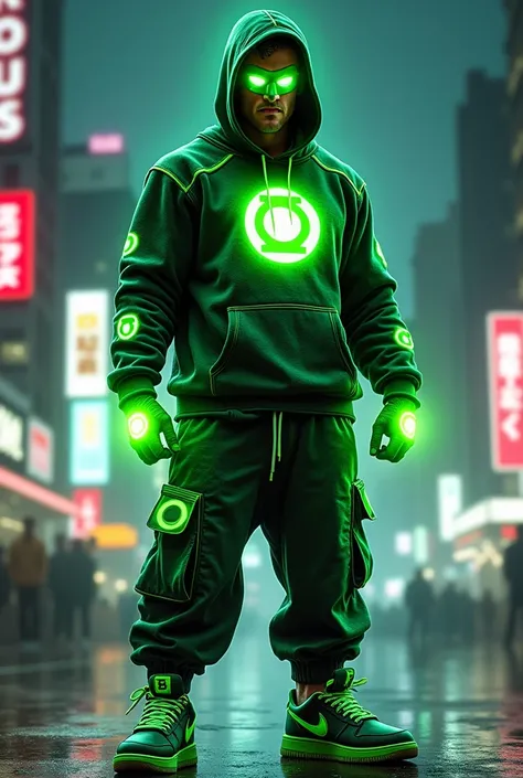 A confident and powerful superhero resembling Green Lantern but distinct, wearing his iconic glowing green mask along with Mark Ecko-inspired urban streetwear. The outfit includes a hoodie featuring bold, graffiti-style designs with glowing green accents t...