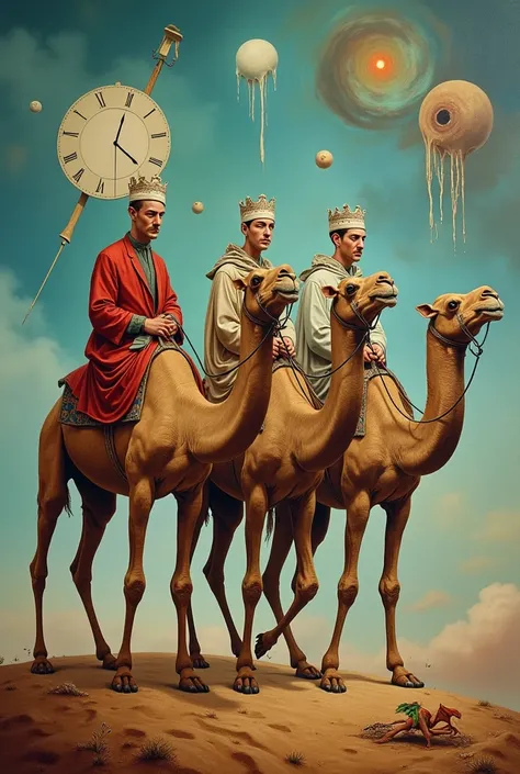 Draw three camels with the Three Wise Men as if Salvador Dalí had painted them 


