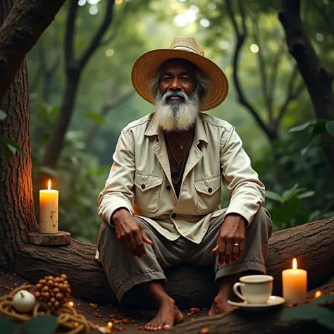  Create a vibrant and artistic image of an Old Black from Umbanda .  He must be seated on a tree trunk ,  wearing a traditional white jacket in weathered linen and a wide-brimmed straw hat.  Your face must be serene and wise ,  with white hair and a beard ...