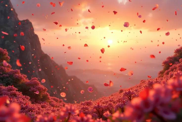 Beautiful rain of petals of various flowers, various colors, and various sizes; accompanied by a fine summer rain; image towards the sunset; masterpiece; panoramic scene, seen from the top of a mountain