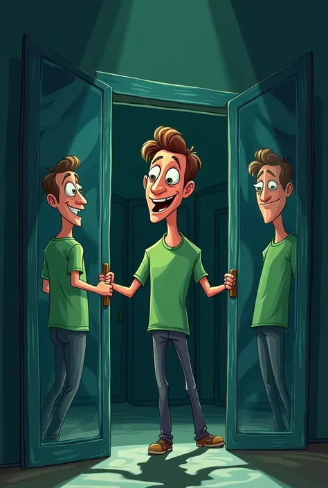 Cartoon of a man in a green shirt opening a door leading to a room filled with mirrors that reflect himself from various directions. DARK COLORS