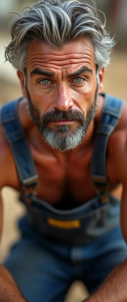 masterpiece, best quality, high resolution, closeup portrait, male focus, solo focus, A man, 35 years old, with construction worker uniform, unbuttoned work clothes, construction worker, silver grey hair, messy hairstyle, gay men,, hairy armpit, cute and s...