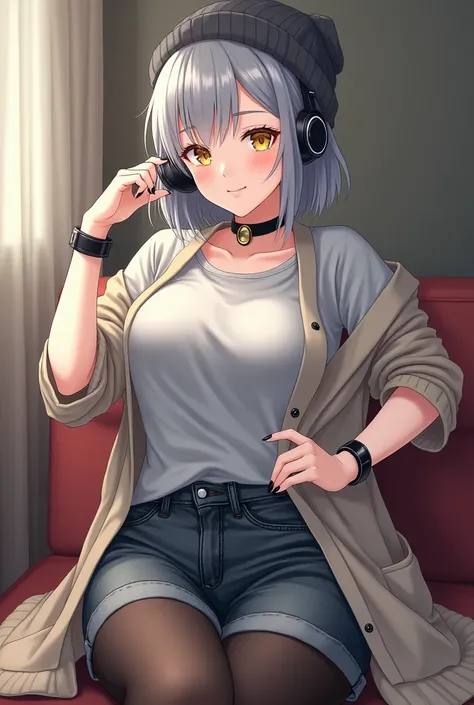 - Anime style,
- beautiful woman,
- mature, 
- elegant,
- pale skin,
- curvy, feminine figure,
- thick thighs,
- grey beanie,
- grey headphones,
- grey, chin length bob cut 
- yellow eyes,
- black choker,,
- grey oversized t-shirt,
- grey cardigan vest, un...