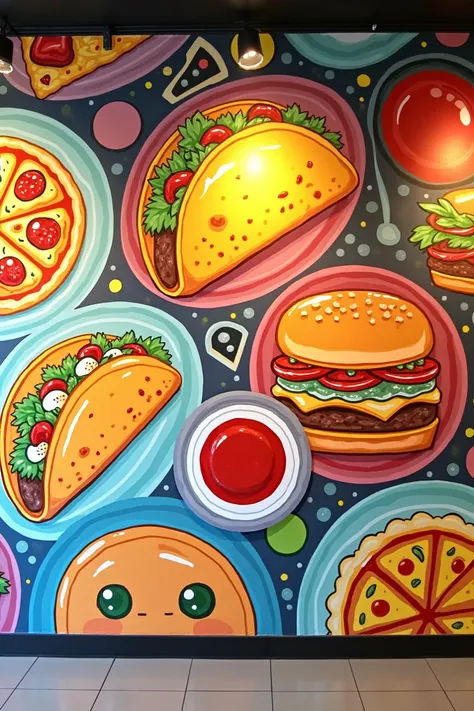  Generate a vinyl wall image that says food words, like tacos, hamburgers etc  