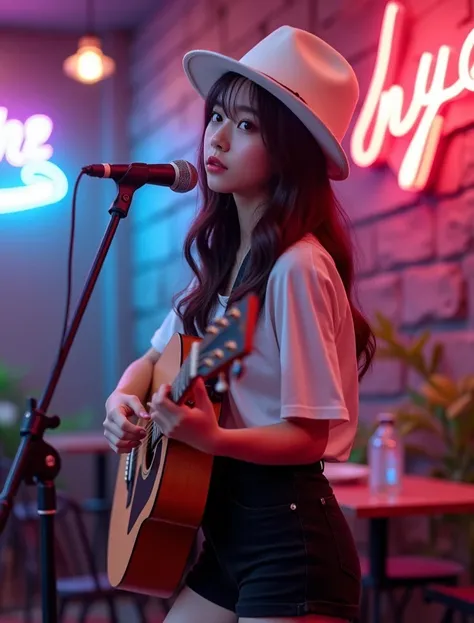 brick background cafe with so aesthetic colors around it there is a white led neon effect illuminating the suduht part there is a beutifull Indonesian girl with a foanel trend package wearing a white hat black shorts sitting in a chair while playing the gu...