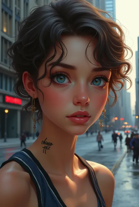  Close-up realistic oil painting of a young womans face. 
has short hair, brown and curly.
Her eyes are light blue . He has light skin, thick eyebrows.
The word CHAOS is tattooed on her neck with small letters . 
wear sportswear.
Chicago city background . ...