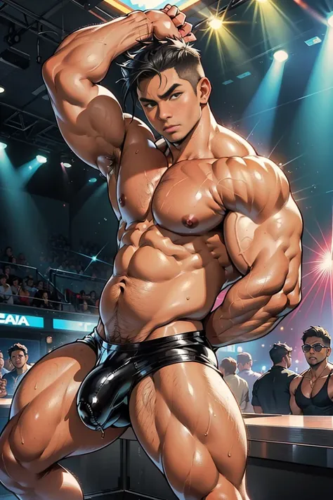 nsfw, (1 boy), ((grabbing crotch)), (grabbing cock), spread legs, 20 year-old boy, whole body, cute baby face, (provoking), orgasm, bulky body, (black hair), huge butt, bulge, masterpiece, best quality, perfect anatomically, high detailed, (((go go dancer)...