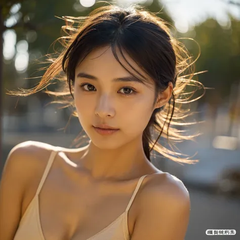 A hyper-realistic image of a single Japanese woman in her early 20s. Her skin has a warm beige tone with a natural, slightly rough texture that includes visible pores, fine lines, and subtle imperfections such as small blemishes, adding to the authenticity...