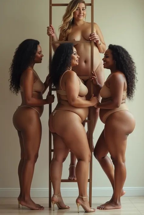 Plus size girls all naked climbing a ladder showing their ass