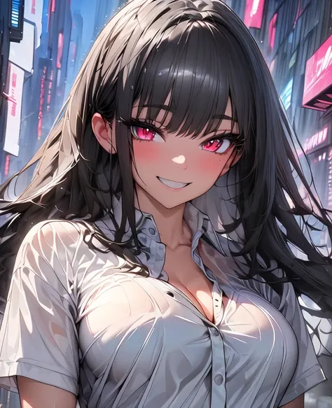 (masterpiece), 1girl, expressive eyes, perfect face, solo focused, upper body, day time, expressive eyes, detailed eyes, long eyelashes, best quality, 8k, highres, ultra-detailed, breasts, outdoors, night city, raining, cyberpunk, cute smile, eyes half ope...