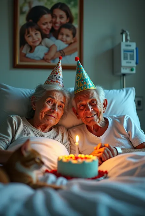 A detailed and emotional ultra-realistic portrait of a 90-year-old couple lying together on a hospital bed, both wearing colorful "Happy Birthday" party hats slightly tilted on their heads. They are illuminated by the soft, sterile light of the hospital ro...