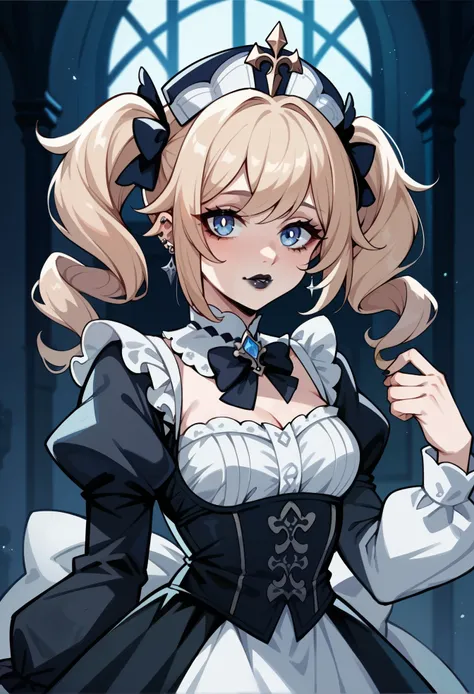 Barbara, Genshin Impact, gothic lolita cosplay, piercings, black lipstick, stoic, spooky mansion,